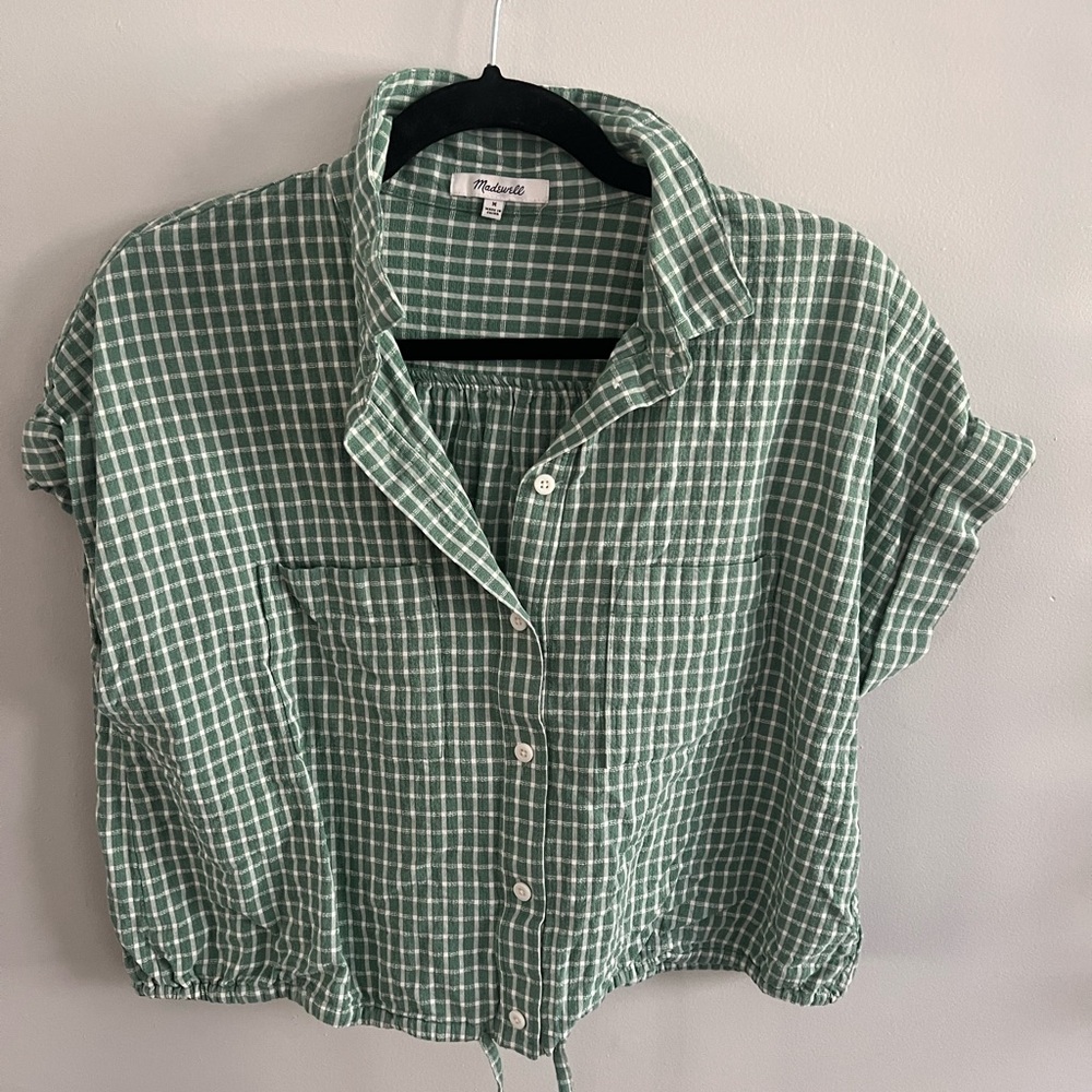 Madewell Green Windowpane Button-Front Drawstring Hem Top